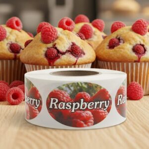 Raspberry label with raspberries in background and white print shown with raspberry pastries