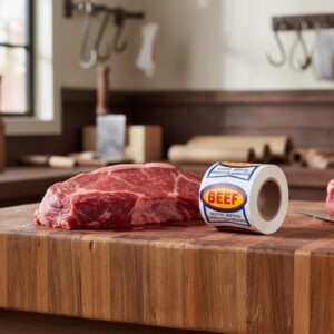 beef ribbon label on roll of stickers next to a cut of beef