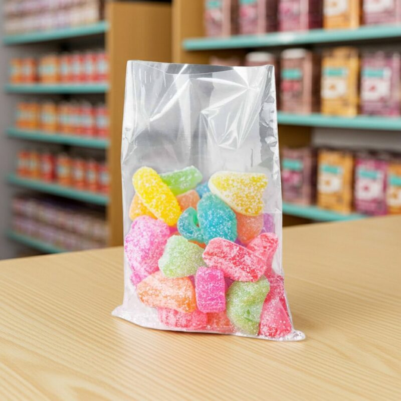 medium takeout plastic bag with candies inside