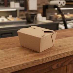 Small Bio-Plus Earth Kraft Microwavable Paper Take-Out Container on deli counter