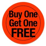 Buy One Get on Free on Round Sticker with Black Print and Bright Red Background