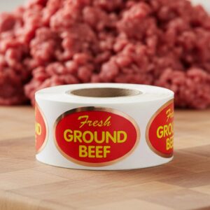 Fresh Ground Beef Foil Sticker on a roll of labels