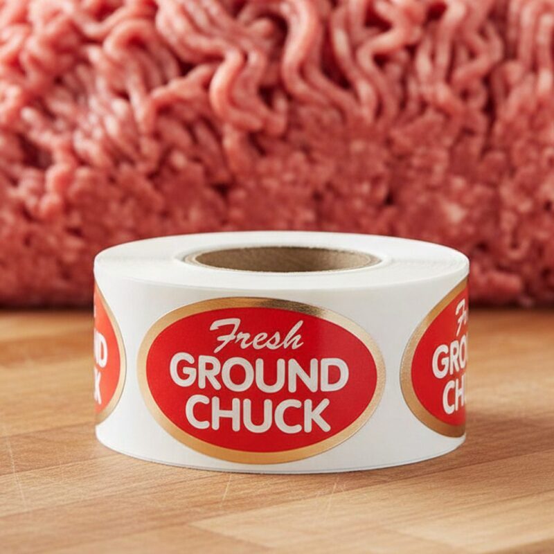 Fresh Ground chuck Foil Sticker on a roll of labels