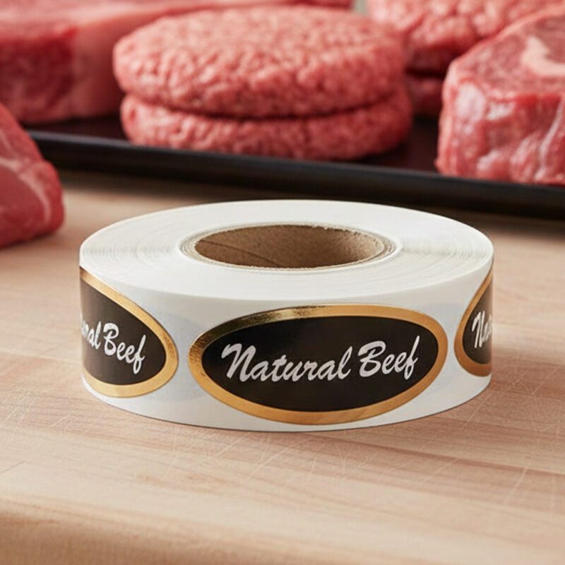natural beef sticker on a gold foil label
