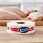 Poultry Sticker on band label shown with cuts of chicken in the background