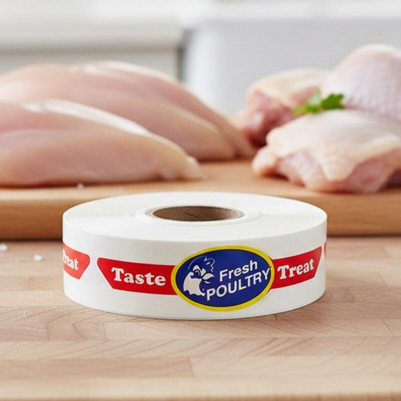 Poultry Sticker on band label shown with cuts of chicken in the background