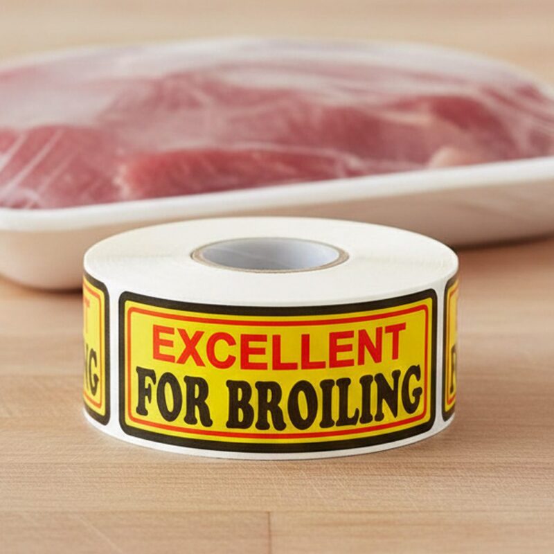 500472-Excellent-for-Broiling-Label-Stickers excellent for broiling sticker on a yellow, red, and black butcher label