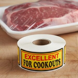 excellent for cookouts sticker on a yellow, red, and black butcher label