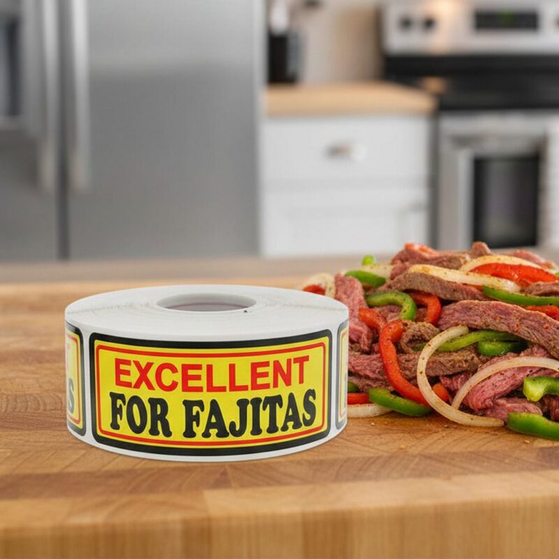 500475-Excellent-For-Fajitas-Label-Stickers excellent for fajitas sticker on a yellow, red, and black butcher label