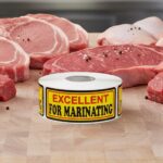 excellent for marinating sticker on a yellow, red, and black butcher label