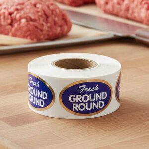 Fresh Ground Round Foil Sticker on a roll of labels