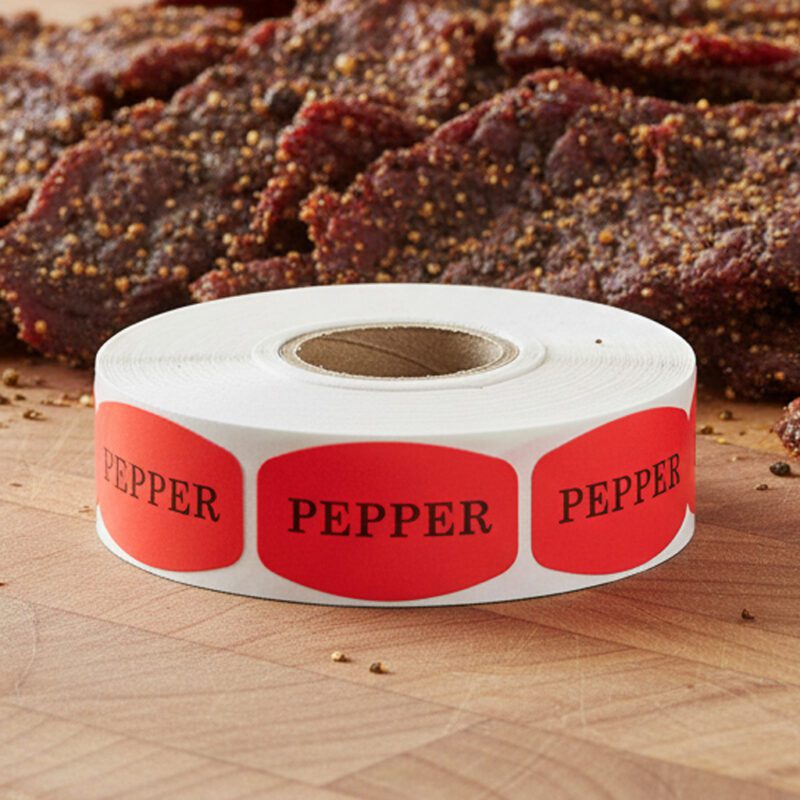 510049-Pepper-Label-Stickers pepper stickers on a roll of red labels with black print