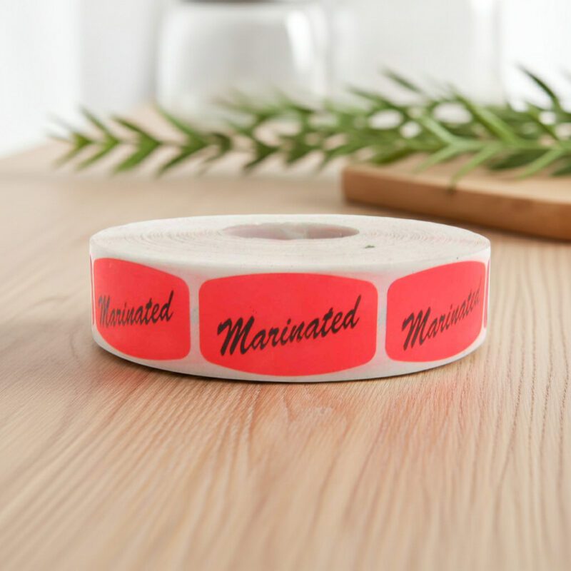 510061-Marinated-Label-Stickers marinated stickers on a roll of red labels with black print