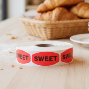 sweet stickers on a roll of red labels with black print