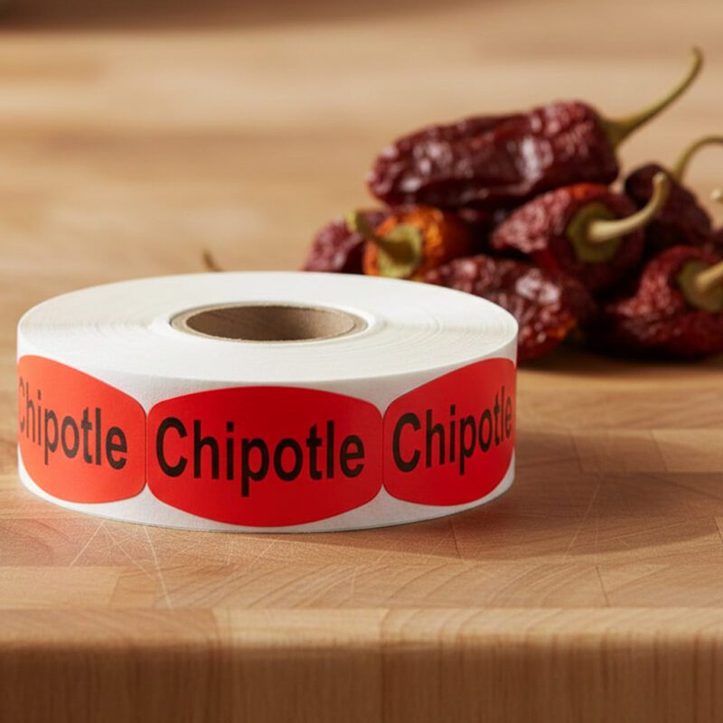 520034-Chipotle-Label-Stickers chipotle stickers on a roll of red labels with black print