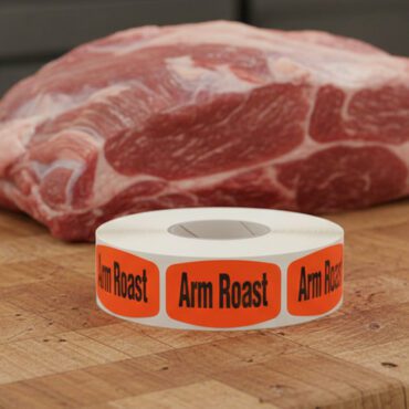 arm roast label on a small red label with black text reading arm roast