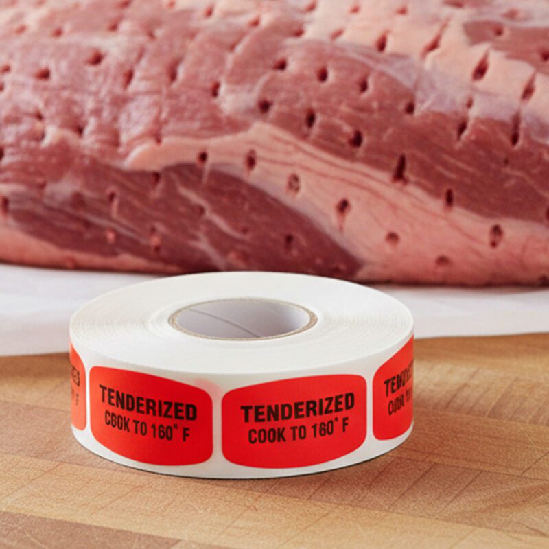 tenderized cook to 160 degrees sticker on a red label with black text