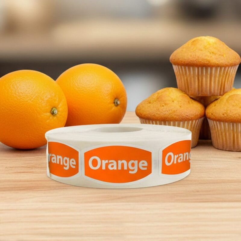 568060-Orange-Label2 orange flavor label that reads orange and comes on a orange sticker with white print
