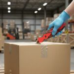 X-Change orange Safety Cutter with Tape Splitter in use cutting a box open