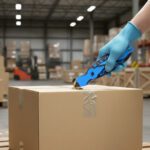 X-Change Blue Safety Cutter with Tape Splitter in use cutting a box open