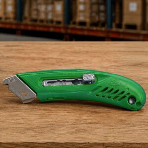 Green S4TM right-handed safety box cutter for warehouse use.