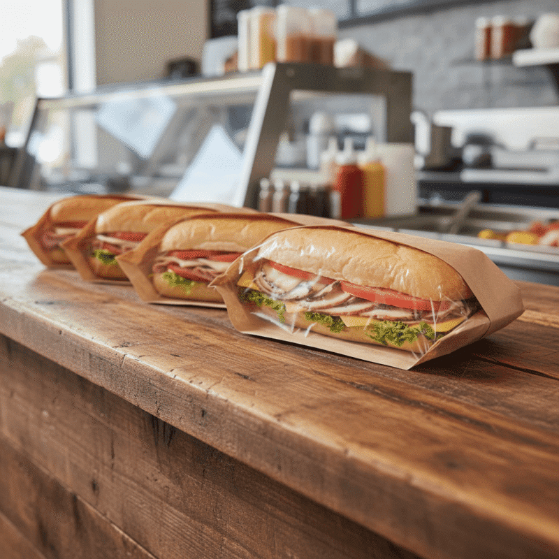 Retail Sandwich Bag Sitting on Deli Counter with sub sandwich inside