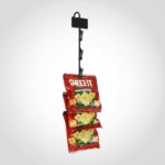 Merchandising strip black 6 count with bags clipped to metal strip