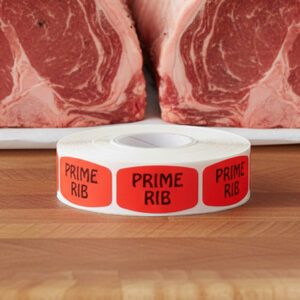 prime rib sticker on a red label with black text