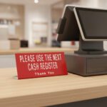 Please use next register sign on a plastic easel