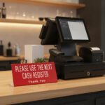 Please use next register sign on a plastic red easel with white lettering