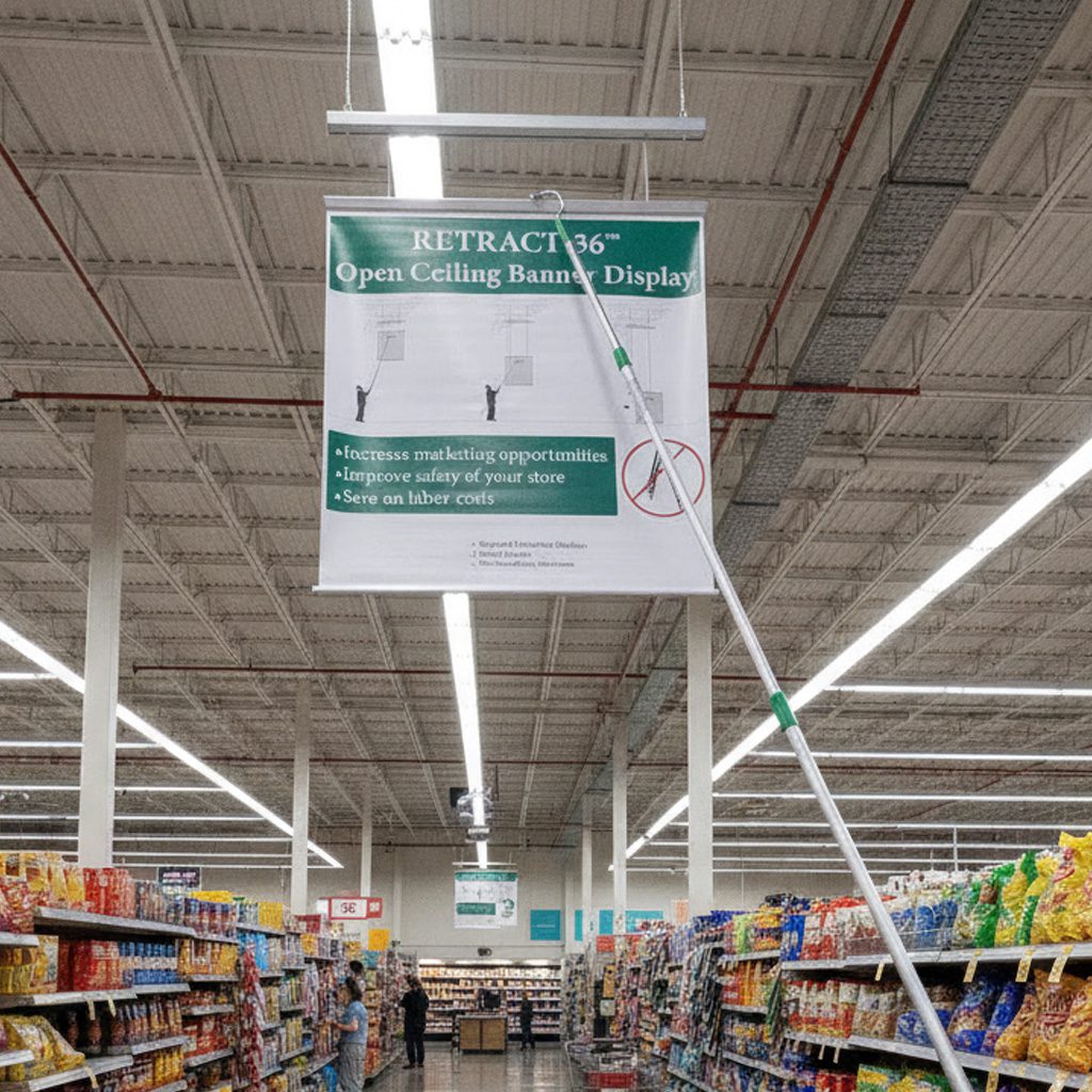 Ceiling Banner Display retractable sign with stabilizer for wide sign shown being pulled down