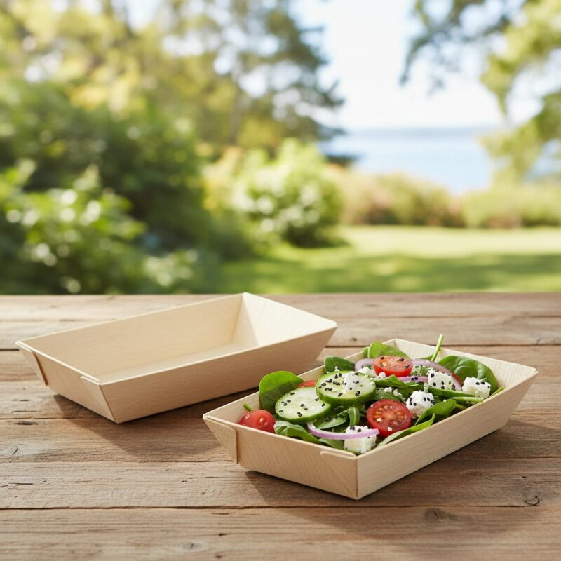 Rectangular Samurai Wooden Dish shown with salad