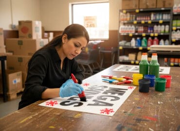 Woman Making Sign with Paints Woman Making Sign with Paints