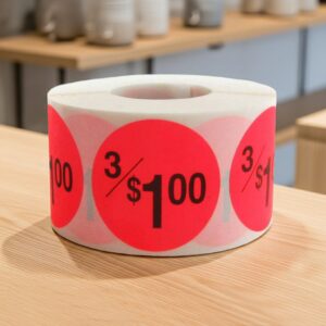 3 for 1 dollar round sticker on a red label with black text