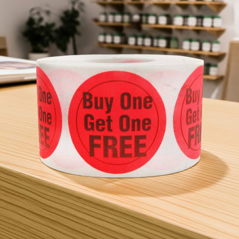 Buy one Get one Free round sticker on a roll of red labels with black text