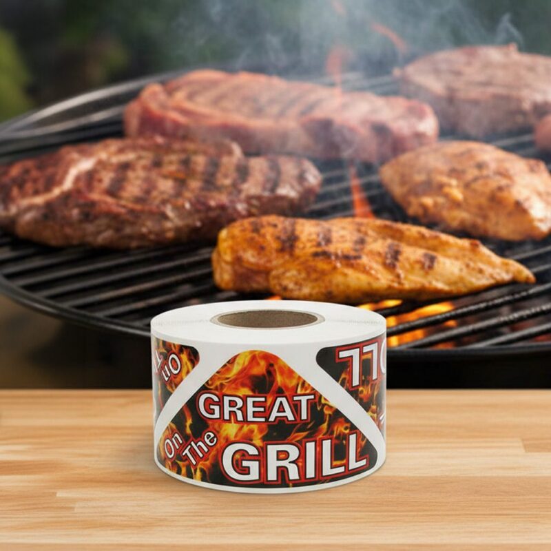 500153-Great-On-The-Grill-Label-Stickers-Triangle-Sticker2 Great On The Grill Label Stickers Triangle Sticker with grill in background