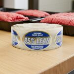 85% Lean Ground Meat labels on a foil sticker with white and blue print