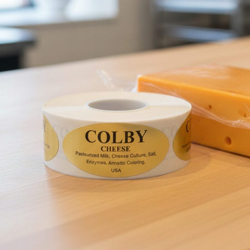 Colby cheese sticker on gold foil label