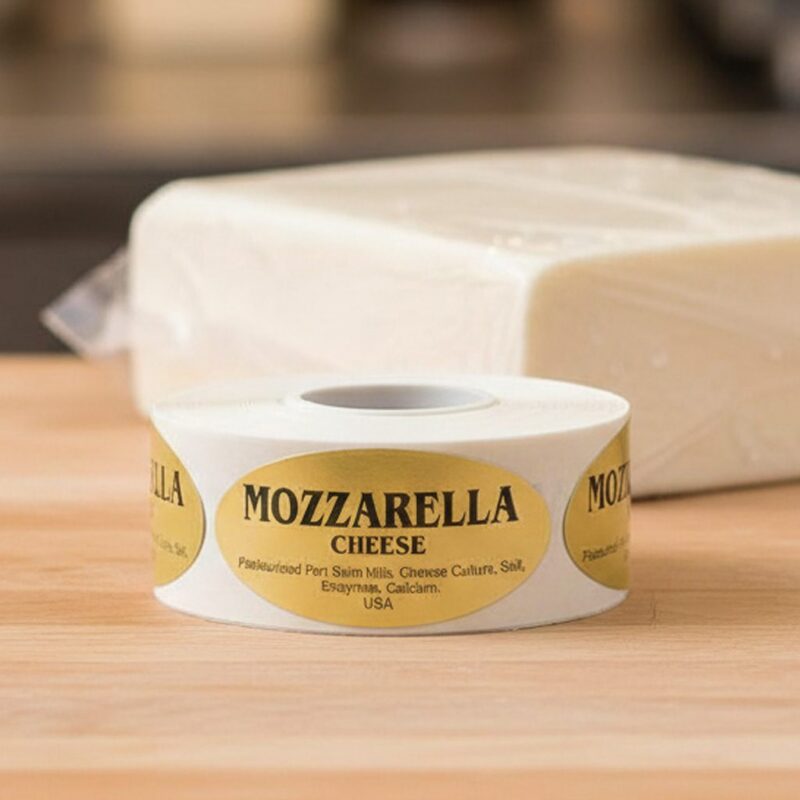 500271-Mozzarella-Cheese-Label-Stickers Mozzarella cheese sticker on gold foil label