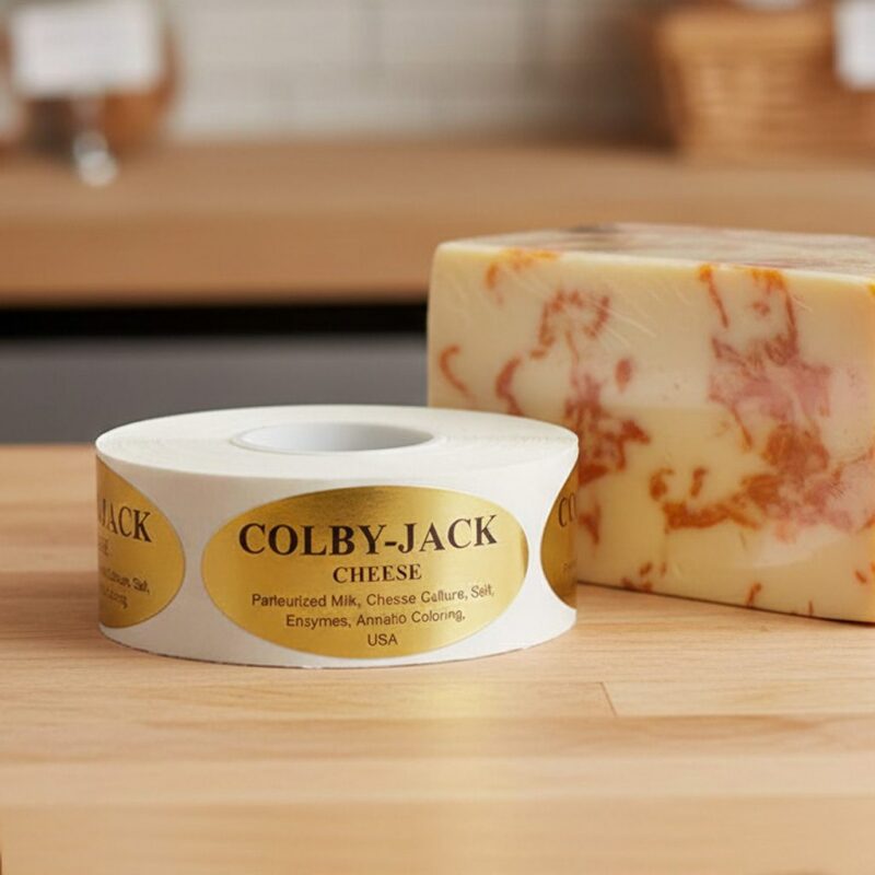 Colby-Jack cheese sticker on gold foil label