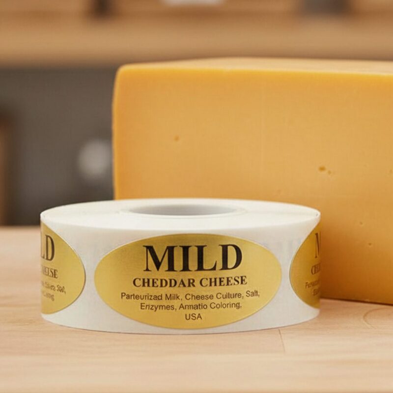 500285-Mild-Cheddar-Cheese-Label-Stickers Mild Cheddar cheese sticker on gold foil label