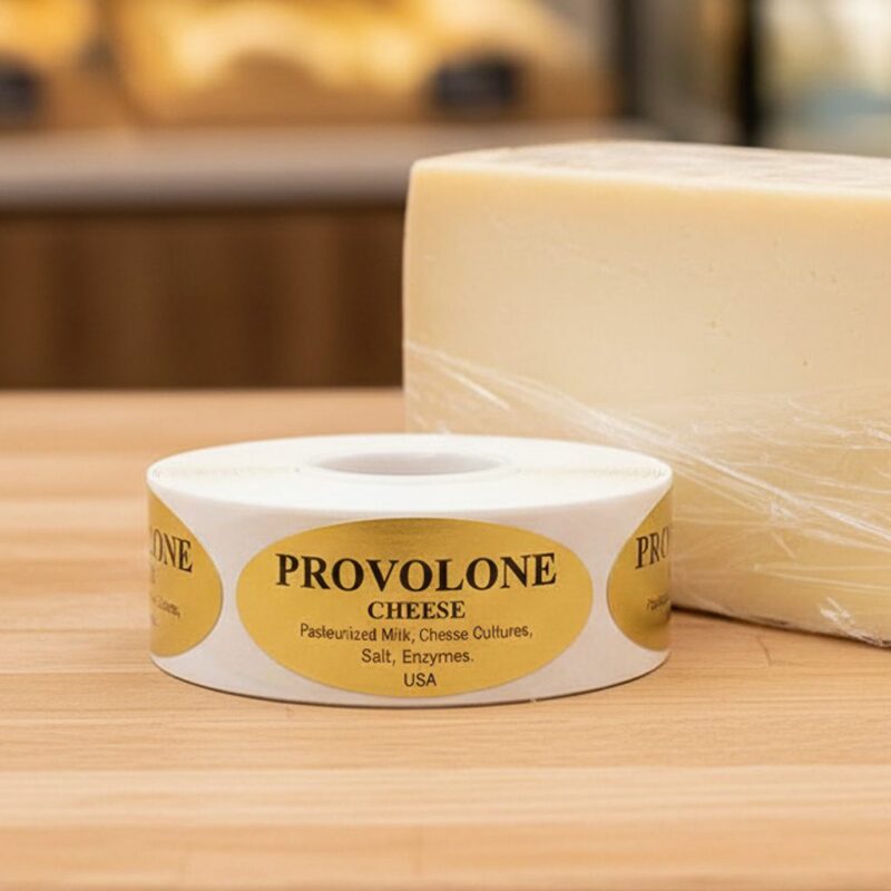 500292-Provolone-Cheese-Label-Stickers Provolone cheese sticker on gold foil label