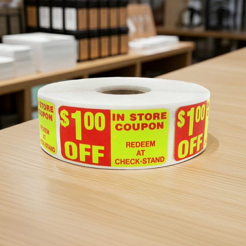 500410-$1-OFF-Sticker-Coupon-Label-Stickers In Store 1 dollar off coupon sticker on a rectangle label with red and yellow print