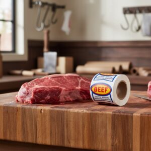 beef ribbon label on roll of stickers next to a cut of beef