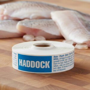 haddock fish sticker on a rectangle label with preparation suggestion