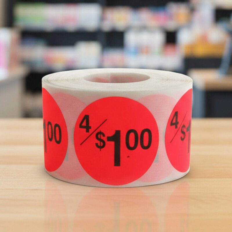 4 for 1 dollar round sticker on a red label with black text