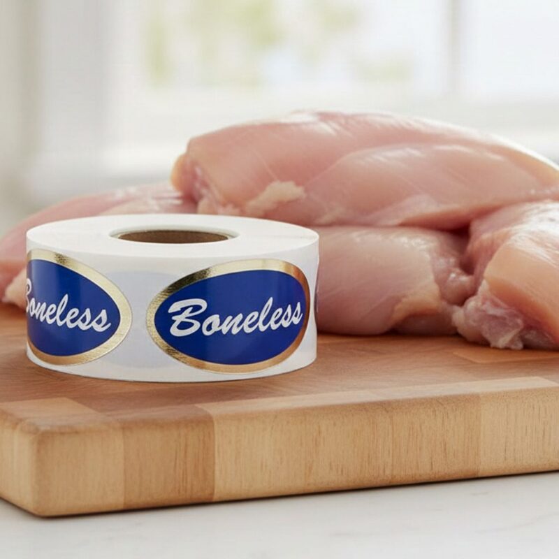 506011-Boneless-Label-foil-Sticker Boneless sticker on a gold foil label