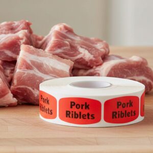 pork riblets sticker on a red label with black text