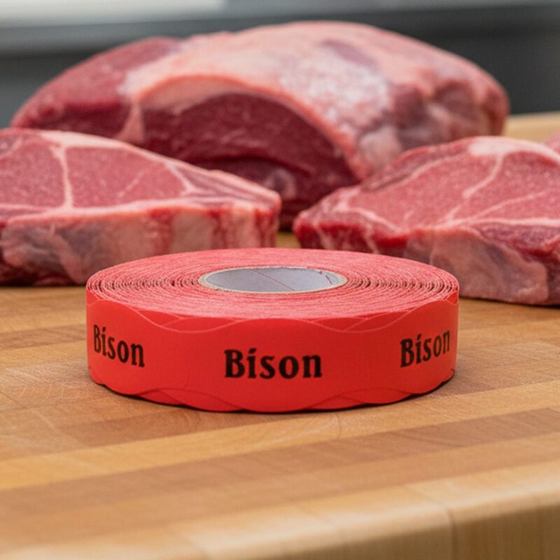 bison sticker on a red label with black print