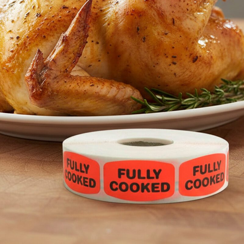 510040-Fully-Cooked-Label fully cooked sticker on a red label with black print